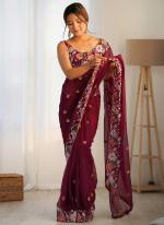 Georgette Maroon Party Wear Embroidery Work Saree